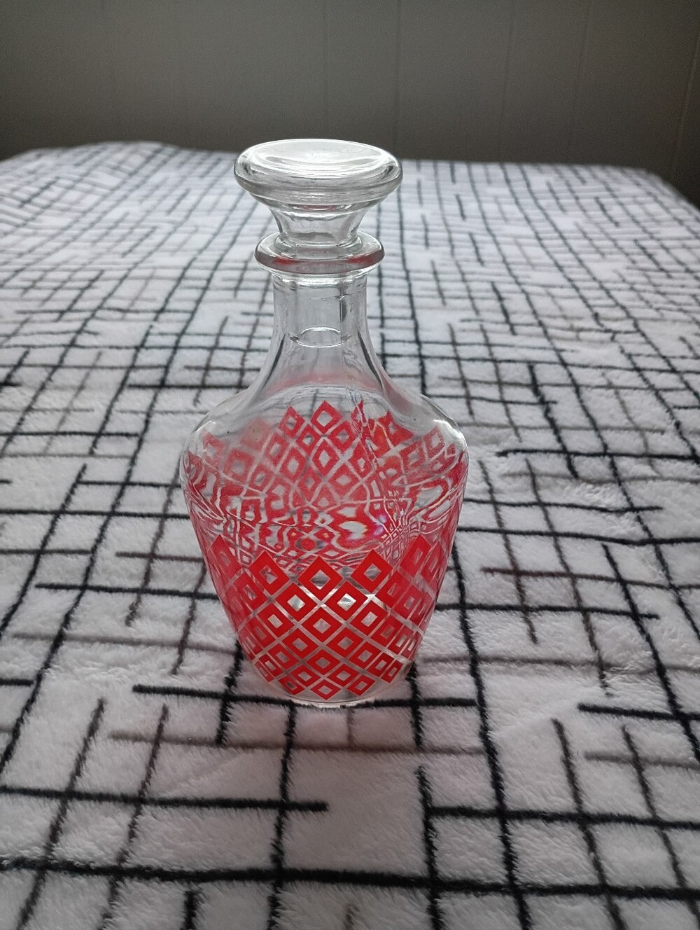 FRANCE 1950s-1960s French Glass Decanter Red Diamond Geometric Pattern